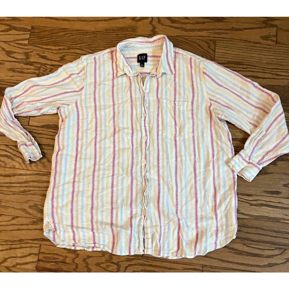 Gap Ladies Lightweight Long Sleeve Collared Linen Button Down Top Striped XL